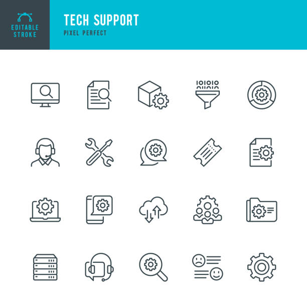 Tech Support - thin line vector icon set. Pixel perfect. Editable stroke. The set contains icons: IT Support, Support, Tech Team, Call Center, Work Tool. Tech Support - thin line vector icon set. 20 linear icon. Pixel perfect. Editable outline stroke. The set contains icons: Contact Us,  IT Support, Support, Ticket, Tech Team, Call Center, Work Tool. wrench stock illustrations