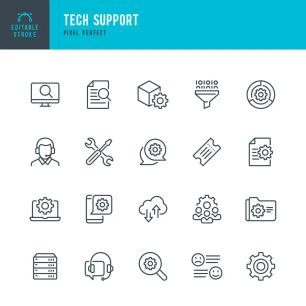 Vector illustration of Tech Support - thin line vector icon set. Pixel perfect. Editable stroke. The set contains icons: IT Support, Support, Tech Team, Call Center, Work Tool.