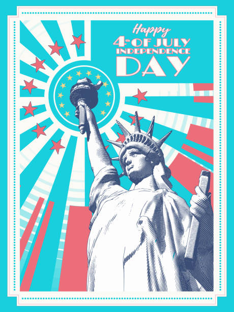illustrazioni stock, clip art, cartoni animati e icone di tendenza di libertà con illustrazione brillante stella per il giorno dell'indipendenza bg - american culture liberty usa statue
