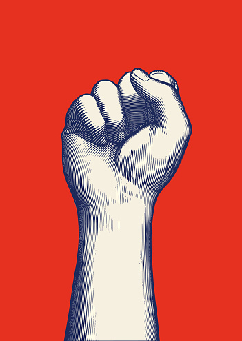 Monochrome blue vintage engraved drawing of human forearm and hand fist gesture raise up vector illustration isolated on red background