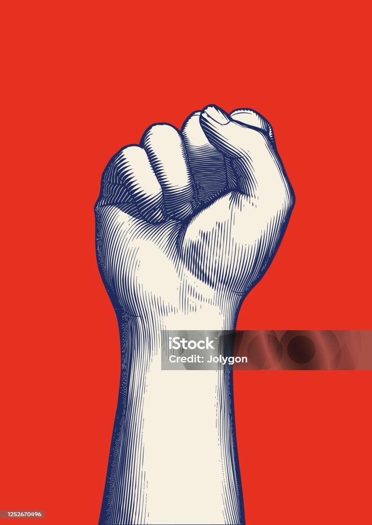 Retro engraving human fist hand raised up illustration on red BG Monochrome blue vintage engraved drawing of human forearm and hand fist gesture raise up vector illustration isolated on red background Fist stock vector
