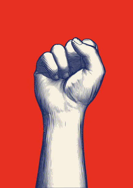 Retro engraving human fist hand raised up illustration on red BG Monochrome blue vintage engraved drawing of human forearm and hand fist gesture raise up vector illustration isolated on red background arms raised illustrations stock illustrations