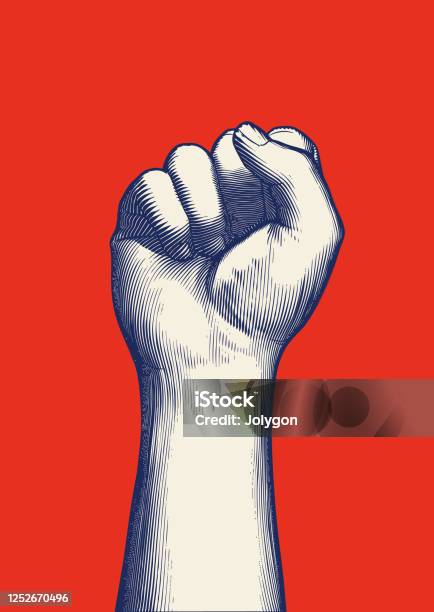 Retro Engraving Human Fist Hand Raised Up Illustration On Red Bg Stock Illustration - Download Image Now