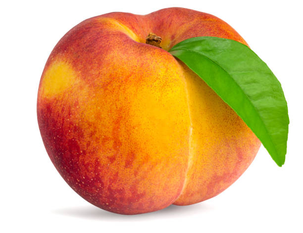 istock single peach fruit with green leaf isolated on white background 1252674562