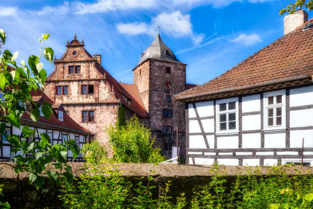 Schwarzburg, Germany - August 11, 2023: View of the Schwarzatal valley in the Thuringian Forest in summer, with the town of Schwarzburg and its castle.