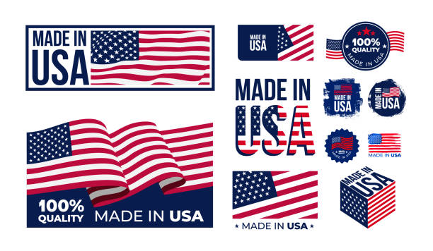 Set of Made in USA badges. Patriot proud label stamp, American flag and national independence day 4th july badges. Vector illustration. Isolated on white background. Set of Made in USA badges. Patriot proud label stamp, American flag and national independence day 4th july badges. Vector illustration. Isolated on white background. usa made in the usa industry striped stock illustrations