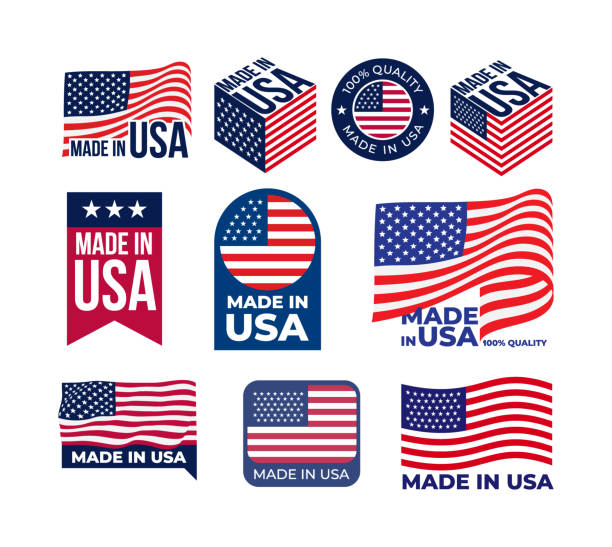 ilustrações de stock, clip art, desenhos animados e ícones de set of made in usa logo and label. us icon with flags of the united states of america for packaging products. vector illustration. isolated on white background. - made in the usa usa computer icon symbol