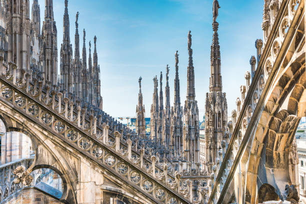 Architecture on roof of Duomo cathedral stock photo