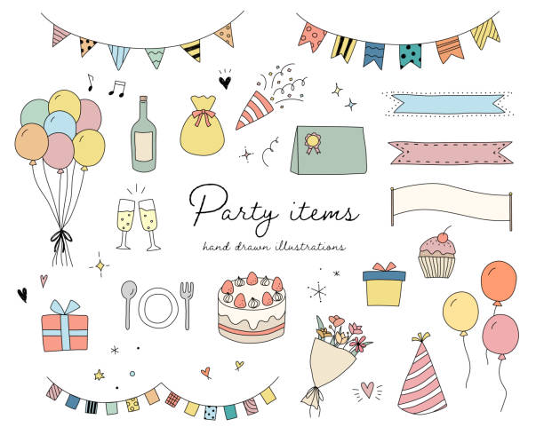 파티 핸드 그린 일러스트레이션 - party hat party popper party congratulating stock illustrations