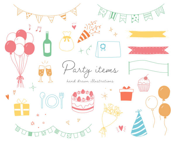 파티 핸드 그린 일러스트레이션 - party hat party popper party congratulating stock illustrations