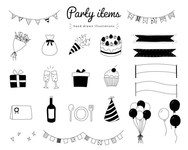 partei handgezeichnete illustration - food and drink holidays and celebrations isolated objects birthdays stock-grafiken, -clipart, -cartoons und -symbole