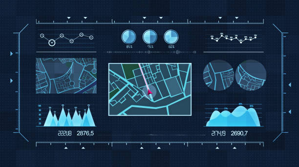 futuristische multi-bildschirm-gadget-panel, futuristische hud holographische digitale stadtkarte, navigation animation nacht, navigation stadtkarte gps-navigation, lokalisierung nacht - multidirectional stock-grafiken, -clipart, -cartoons und -symbole