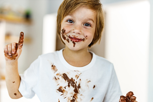 Portrait of a cute little boy with chocolate stains looking at camera.