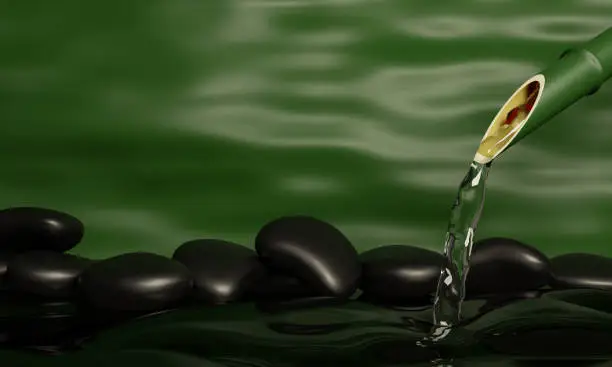 Clearwater flows out of bamboo sections. The shiny black stones overlap. The background is green and yellow waves like water waves. Spa style images. 3D Rendering
