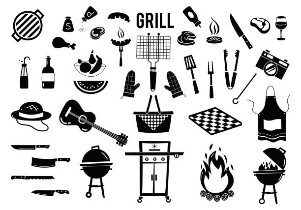 lato, wiosenny grill i zestaw ikon piknikowych. - grilled tablecloth kitchen utensil summer stock illustrations