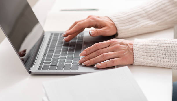 istock Modern trending work is blogger concept. Female hands typing on laptop 1252679481