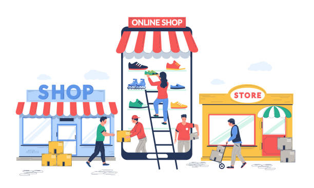 online zum offline-handel, vektor-flach-illustration - online shopping stock-grafiken, -clipart, -cartoons und -symbole