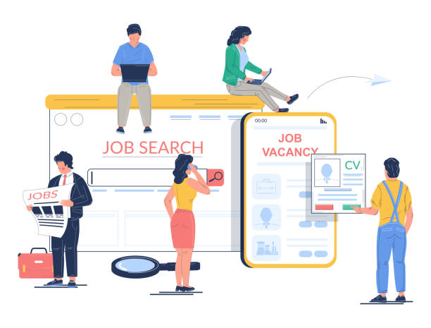 Job search vector concept flat style design illustration Job search vector concept flat style design illustration. Tiny characters looking for vacancy job using newspaper, laptop, tablet and mobile phone. Human resources, employment, recruitment. job search stock illustrations