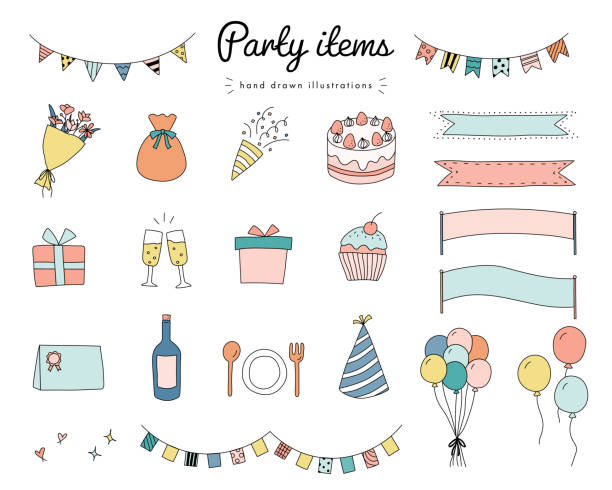 파티 핸드 그린 일러스트레이션 - party hat party popper party congratulating stock illustrations