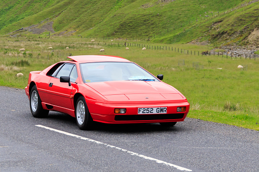 Moffat, Scotland - June 29, 2019: 1988 Lotus Esprit Sorts car  in a classic car rally en route towards the town of Moffat, Dumfries and Galloway