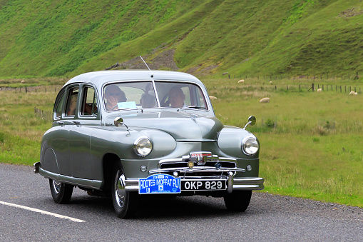 Moffat, Scotland - June 29, 2019: 1952 Standard Vanguard saloon  car in a classic car rally en route towards the town of Moffat, Dumfries and Galloway