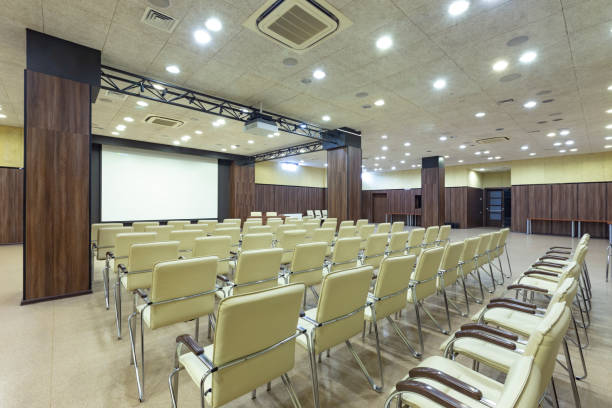 istock Conference room with wooden columns and chairs 1252682656