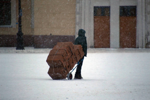 uomo che trasporta scatole di cartone su un carrello - snow bound foto e immagini stock