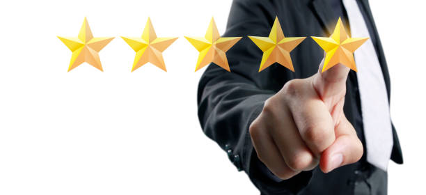istock Hand of touching rise on increasing five stars. Increase rating evaluation  classification concept 1252685102