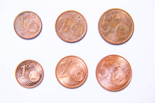 istock 1, 2 and 5 cent copper coins face down. Euros wore out, and aged 1252686053