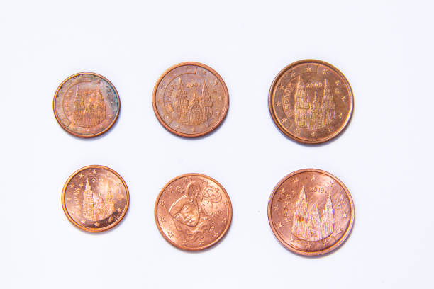 istock 1, 2 and 5 cent copper coins face down. Euros wore out, and aged 1252686061