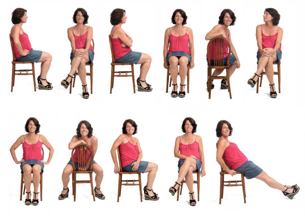 Portrait of a woman on white large group of same woman in skirt sitting on white background, same person multiple images stock pictures, royalty-free photos & images