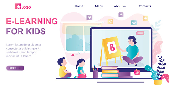 E-learning for kids, landing page template. Online early childhood education courses. Free online preschool games, home schooling.Woman teacher on screen, preschoolers at distance learning. Vector