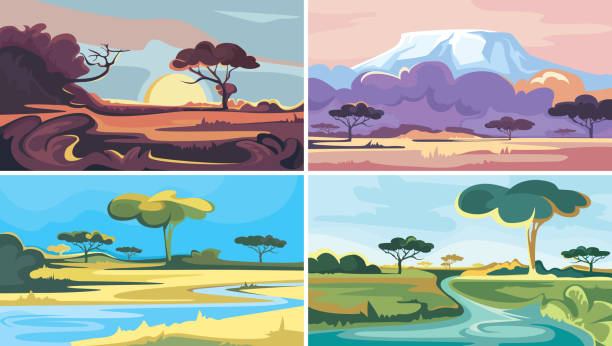 illustrations, cliparts, dessins animés et icônes de ensemble de paysages africains. - savane africaine