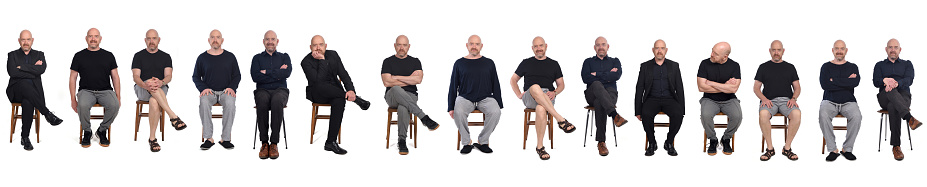 line of same man view in various outfits sitting on white background, front view