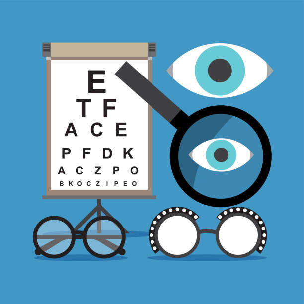 Eyes testing set of elements Eyes testing set of elements. Flat vector design eye doctor and patient stock illustrations