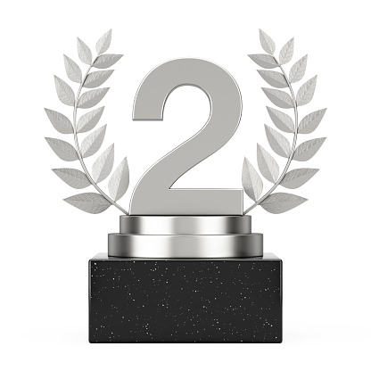 Winner Award Cube Silver Laurel Wreath Podium, Stage or Pedestal with Silver Number Two or Second Place on a white background. 3d Rendering