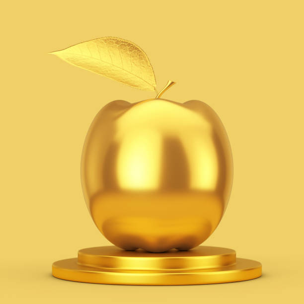 istock Realistic Golden Apple on a Golden Pedestal. 3d Rendering 1252699307