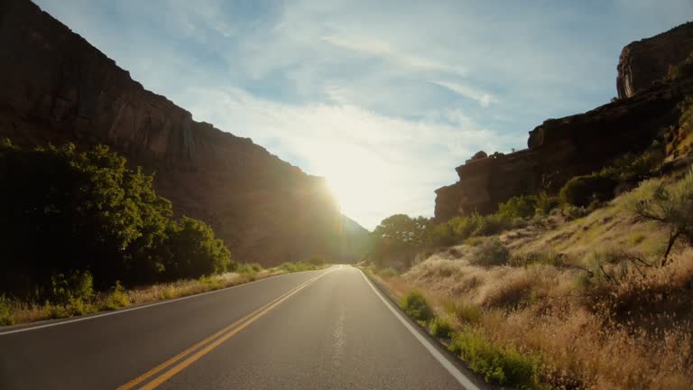 POV car driving in USA Southwest: straight road and majestic sunset outdoors