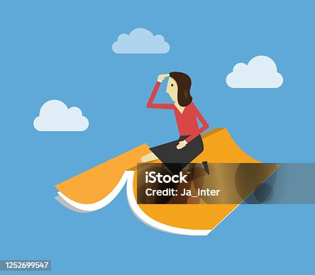 istock Young girl sitting on the book while flying in the sky 1252699547