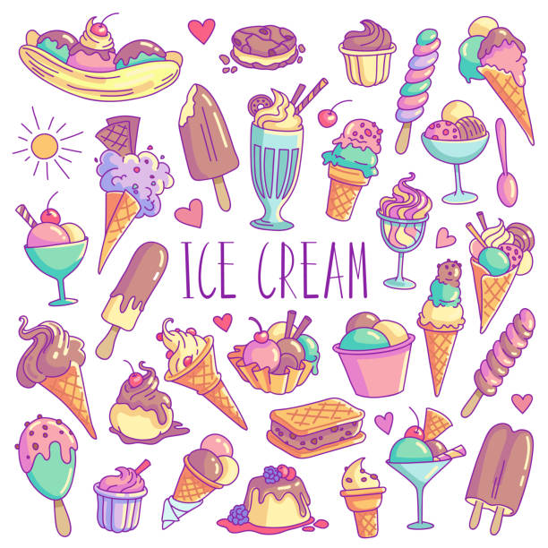 dondurma el renkli doodle seti çizilmiş. - meyveli buz illüstrasyonlar stock illustrations