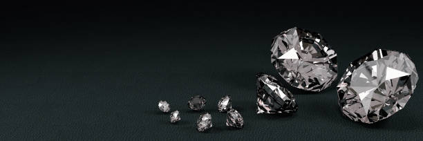 3d rendering viele größe diamanten auf einer schwarzen oberfläche mit reflexion. - precious gems stock-fotos und bilder