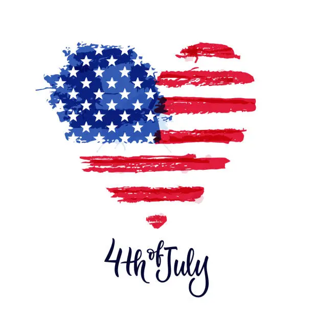 Vector illustration of Happy 4th of July, USA Independence Day. Hand drawn calligraphy lettering, american watercolor flag. Vector illustration