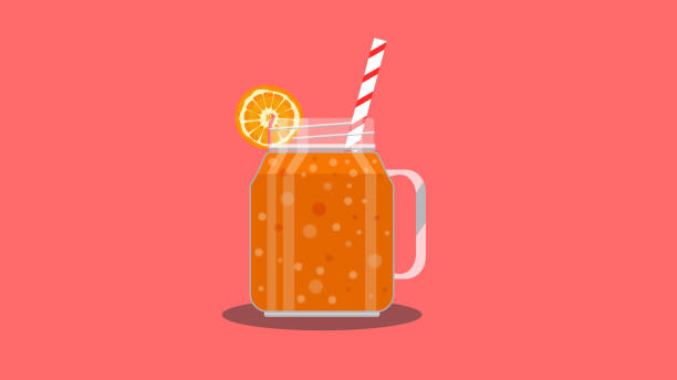 illustrations, cliparts, dessins animés et icônes de smoothie de jus d’orange en couches de couleur orange dans le bocal avec des fruits d’orange et de la paille rayée. - grapefruit citrus fruit water fruit
