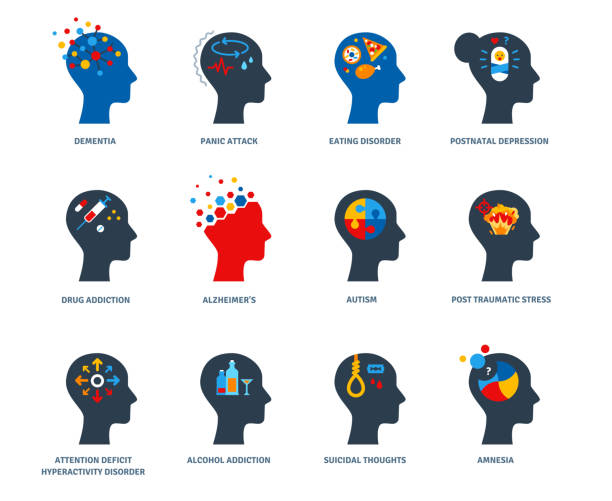 Set of psychology problems Set of psychological problems concept isolated on white background. Mental disorders, illnesses and psychiatry. Postnatal depression, autism and addictions flat icons. Psychology human head logo brain eater stock illustrations