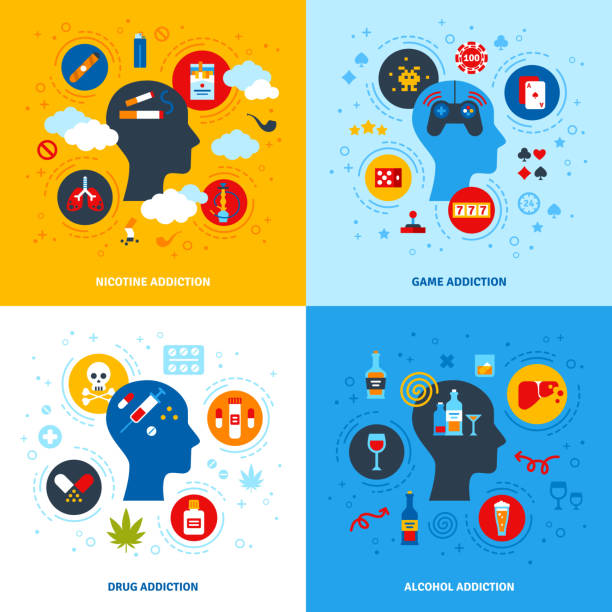 Concept set of Addictions Flat Design Vector Illustration Concepts of Nicotine, Game, Alcohol, Drug Addictions. Human head flat icons, psychology logo. Bad habits collection, alcoholism, smoking, gambling. addiction stock illustrations
