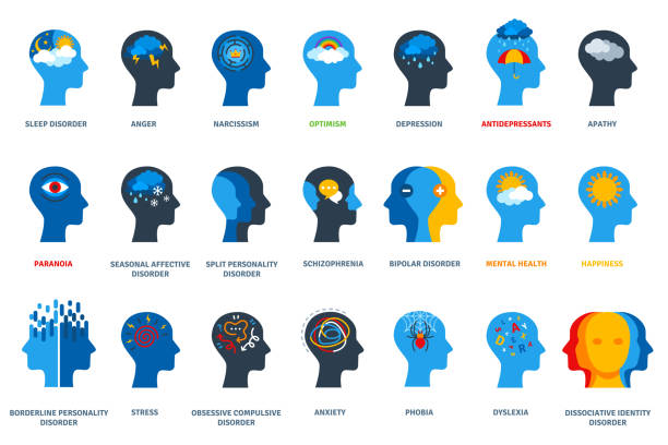 Set of psychological problems Set of psychological problems concept on white background. Mental disorders, illnesses and psychiatry. Human head flat icons. Depression, bipolar and ocd psychology logo. mental health stock illustrations