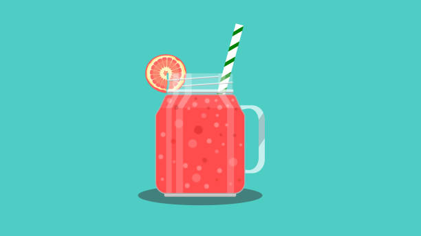 różowy warstwowy koktajl z soku grejpfrutowego w słoiku z grejpfrutem i słomką w paski. - grapefruit citrus fruit water fruit stock illustrations