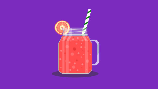 różowy warstwowy koktajl z soku grejpfrutowego w słoiku z grejpfrutem i słomką w paski. - grapefruit citrus fruit water fruit stock illustrations