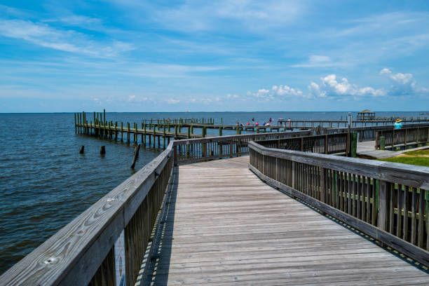 Duck, North Carolina, USA -- June 9, 2020.  A wide angle photo of the boardwalk and tourists in Duck, NC.