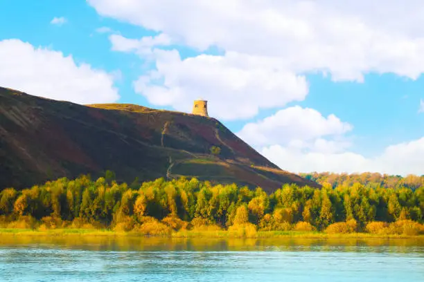 Bank of the Kama River, Elabuga, Tatarstan, Russia. Panoramic autumn landscape. Devil hill, ancient watchtower